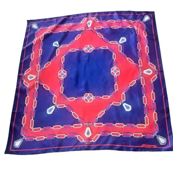 CARTIER Must de France Silk Scarf Vintage Navy Blue & Red Gold Chain Jewel Logo